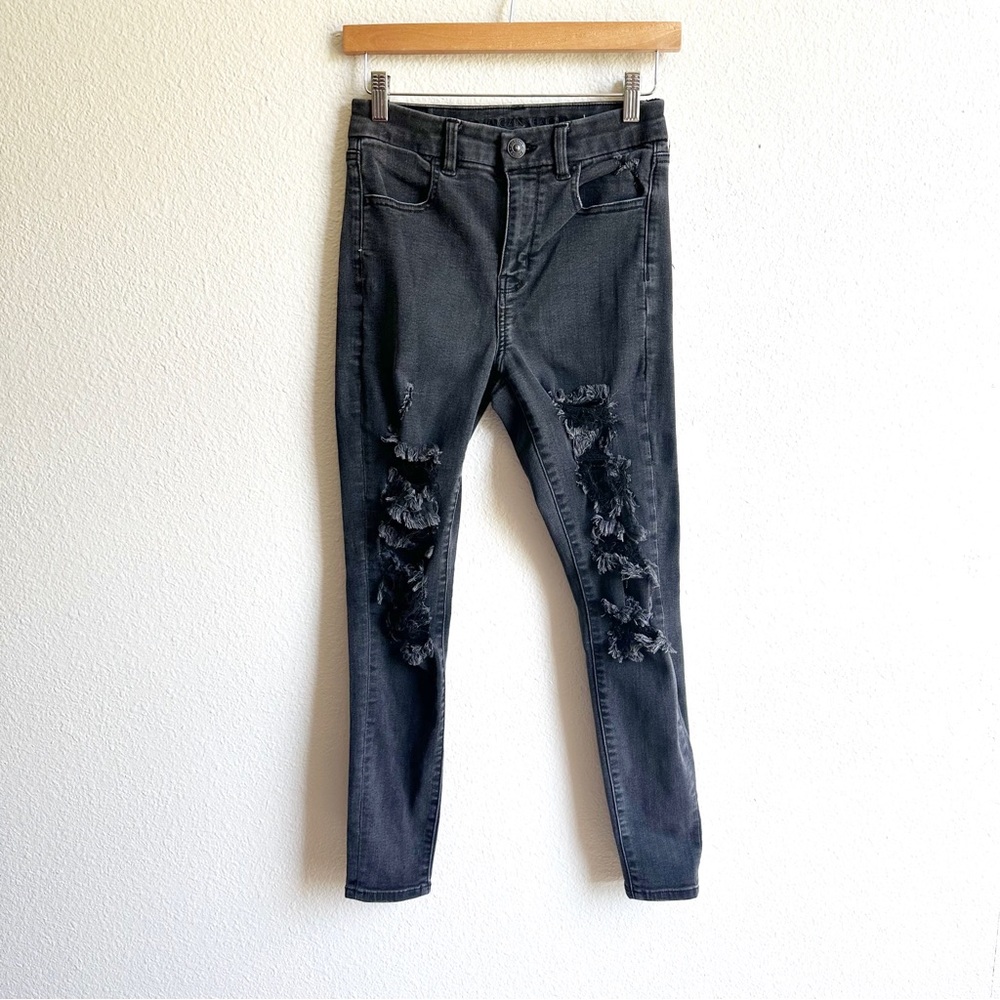 American Eagle Jeans Black Distressed Denim Curvy Hi Rise Jegging Women’s Size 4